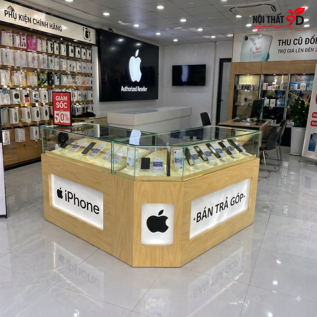Tủ Kính Trưng Bày Điện Thoại Chữ L Cao Cấp (DT2M2M)
